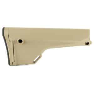 Tan rifle/shotgun buttstock with black recoil pad, shown from the side, featuring a textured grip area and mounting hole.