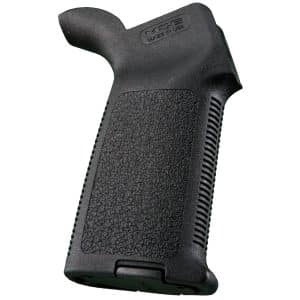 Close-up of a black textured pistol grip with part of the trigger guard visible at the bottom