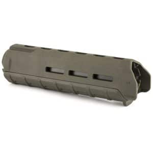 Close-up of an olive-drab polymer rifle fore-end with multiple horizontal ventilation slots along the top rail area