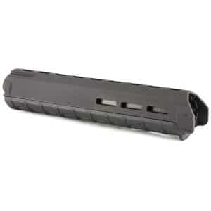 Close-up of a black rifle handguard with ventilation slots along the top surface.