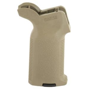 Close-up of a tan textured grip, likely a firearm grip, showing a curved top and a black base plate at the bottom edge.