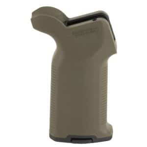 Olive-green MOE-K2+ AR-15 pistol grip with Made in USA engraving visible on the side marke d MOE-K2+.