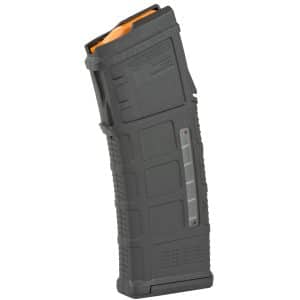 Black rifle magazine with orange follower viewed from the side.
