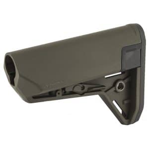 Close-up of an olive-drab Magpul rifle buttstock viewed from the side, showing the curved stock and mounting area