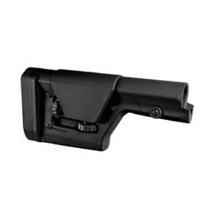 Black adjustable rifle buttstock with folding/extension mechanism and mounting points