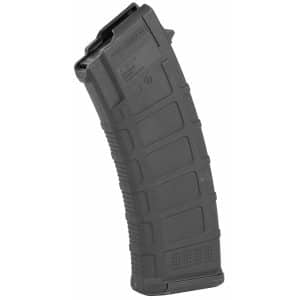 Black polymer rifle magazine angled upward, showing feed lips at the top and textured grip area on a white background
