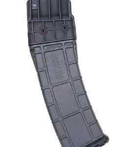 Curved black detachable rifle magazine (AR-style) with feed lips at the top.