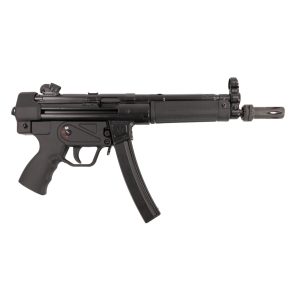 Compact black submachine gun with folding stock and curved magazine, shown in profile against a white background, left side view.