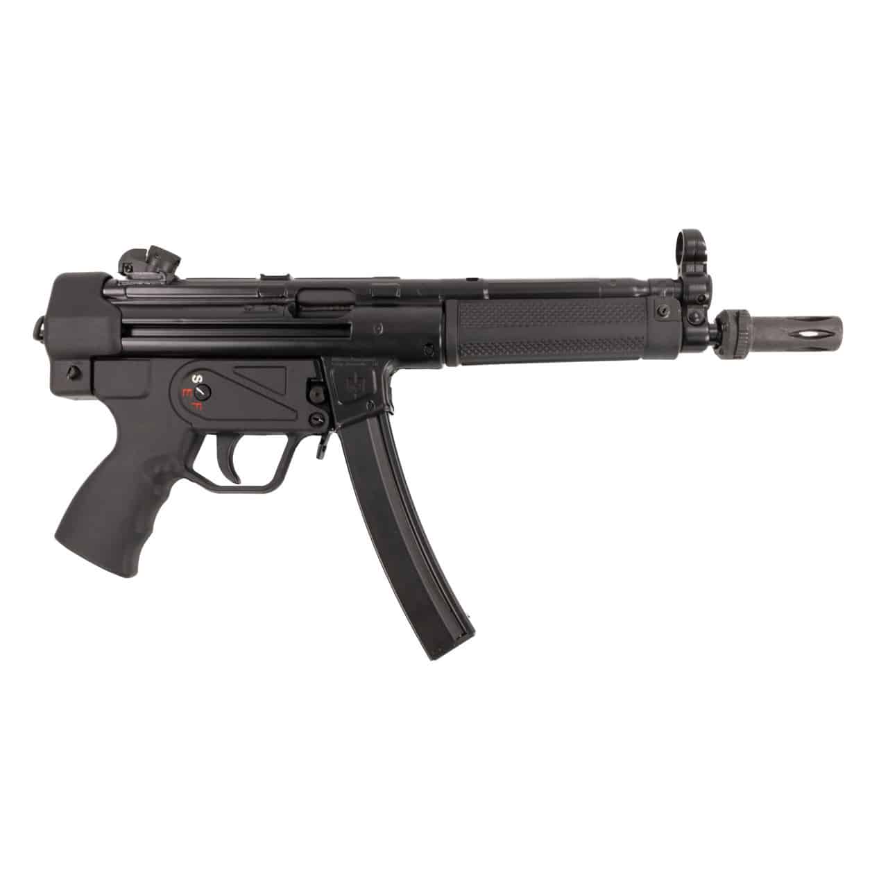 Compact black submachine gun with folding stock and curved magazine, shown in profile against a white background, left side view.