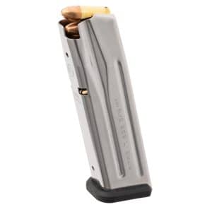 Metal handgun magazine loaded with copper-coated rounds, angled upright against a white background.