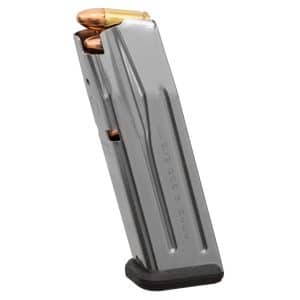 Metal pistol magazine with several copper bullets visible at the top, partially loaded