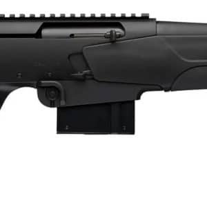 Side view of a black modern sporting rifle with a long barrel and synthetic stock, facing right.