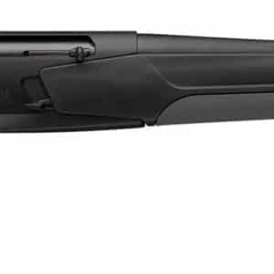 Side view of a black hunting shotgun with a long barrel and pistol grip stock