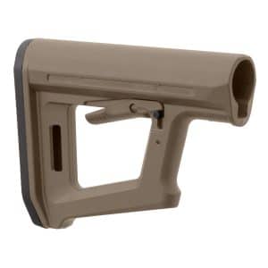 Tan rifle stock with textured grip and rear recoil pad, shown in a side close-up view.