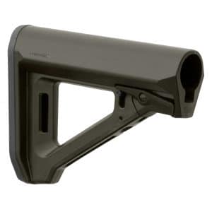 Close-up of a military-style rifle buttstock in gray-green, showing textured plastic surface and curved rear end.