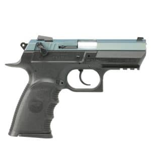 Left-side profile of a semi-automatic pistol with a two-tone teal slide and black textured grip against a white background, showing the trigger and trigger guard.