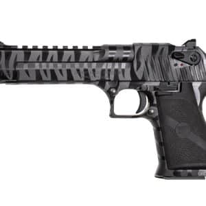 A Desert Eagle semi-automatic handgun with a gray camouflage finish and textured grip, shown in profile.