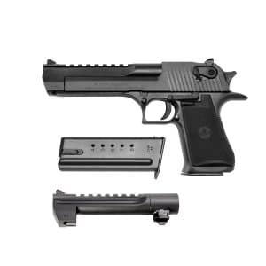 Semi-automatic handgun with two detachable magazines, one empty and one loaded, laid out against a white background.