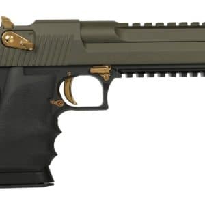 Side view of a semi-automatic handgun with an olive-green slide, black grip, and gold-colored trigger, safety levers, and sights.