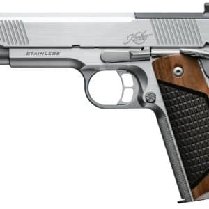 Side view of a stainless steel semi-automatic pistol with wooden grip panels, brand Kimber visible on the slide