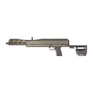 Partial side view of a tactical assault rifle with rails and a pistol grip on a white background.”,“Close-up of the upper and lower receivers of a modern rifle with a top Picatinny rail.”,“Olive green military-style rifle with a Picatinny rail and forward grip.”,“Tactical firearm shown horizontally, featuring a long rail system and adjustable stock.”