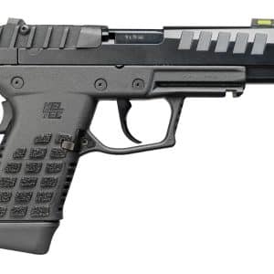 Side view of a black semi-automatic pistol with textured grip and accessory rails (Kel‑Tec logo visible).