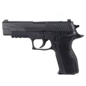Side view of a black semi-automatic pistol with textured grip and ergonomic trigger guard.