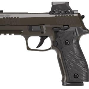 Side view of a Sig Sauer P226 semi-automatic pistol with a mounted red dot sight on the rail