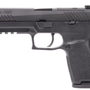 Side profile of a black SIG Sauer P320 semi-automatic pistol with textured grip and accessory rail under the barrel