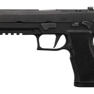 Side view of a black semi-automatic pistol with a textured grip and accessory rail on the frame, shown in profile