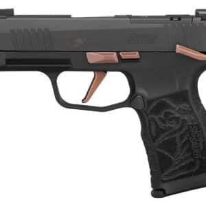 Compact semi-automatic pistol, SIG Sauer P365, with black finish and copper accents, shown from the side with textured grip