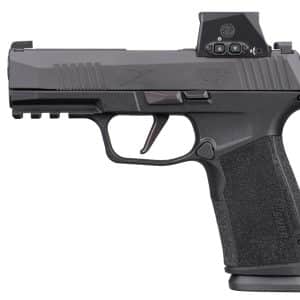 Side view of a SIG P365 handgun with a mounted red dot sight on top