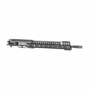 Black AR-style rifle upper receiver with long quad-rail handguard, fore-end accessories, and muzzle device on a white background