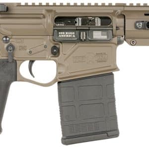Tan and black AR-style rifle with a long handguard and detachable magazine on a white background