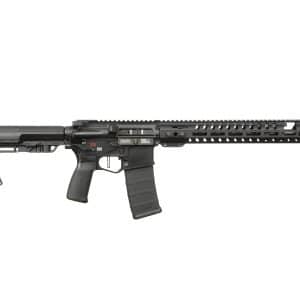Black semi-automatic rifle shown in profile with adjustable stock, pistol grip, and long rail system