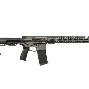 AR-15 style rifle with adjustable stock, quad-rail handguard, and a detachable box magazine laid horizontally on a white background