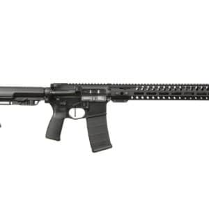 Black AR-style rifle in profile with collapsible stock, long ventilated handguard, and mounted magazine on a white background