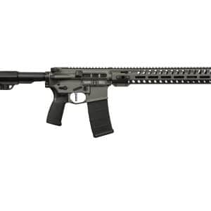 Side profile of a black AR-style rifle with a collapsible stock, long rail system, and a detachable magazine on a white background