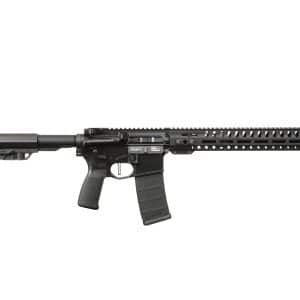 Black semi-automatic rifle shown from the side with a collapsible stock, long rail, and detachable magazine