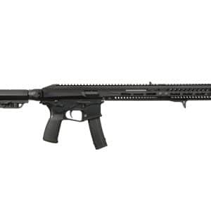 Black modern military-style semi-automatic rifle with collapsible stock and long quad-rail handguard on a white background