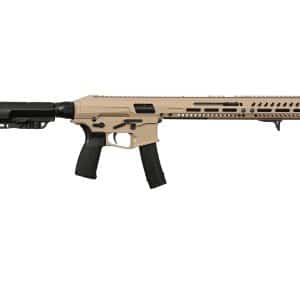 Tan and black modern rifle in profile with collapsible stock and long vented handguard on white background