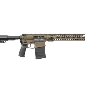 Left-side view of a tan and black modern sporting rifle with adjustable stock, pistol grip, and tan quad-rail handguard against a white background.