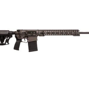 Modern assault rifle with adjustable stock, ergonomic grip, and long quad-rail handguard extending to a muzzle brake.