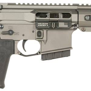 AR-style rifle with collapsible stock, textured pistol grip, and free-floating handguard with a muzzle device; flat tan color. Read as a modern sporting rifle for general use.