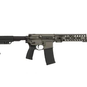 Long AR-style rifle with adjustable stock, pistol grip, and a vented quad-rail handguard with a magazine attached
