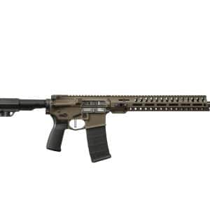 Tan semi-automatic rifle with adjustable stock and long Picatinny handguard, loaded magazine inserted.
