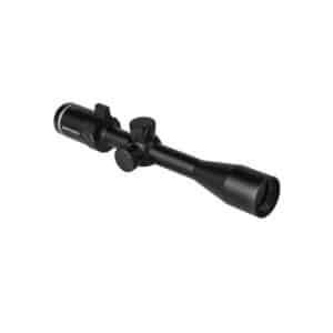 Black rifle scope with magnification lens and adjustment turrets for aiming