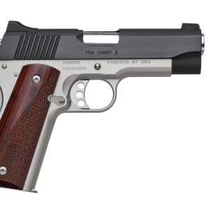 Semi-automatic handgun shown in side view with a dark slide and wooden grip.
