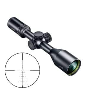 Black riflescope with adjustment dials shown at an angle, lens facing right.