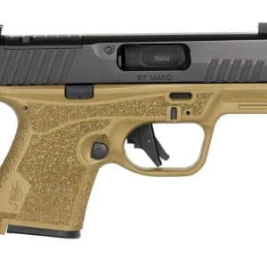 Tan and black semi-automatic pistol with textured tan grip and black slide, marked R7 MAKO.